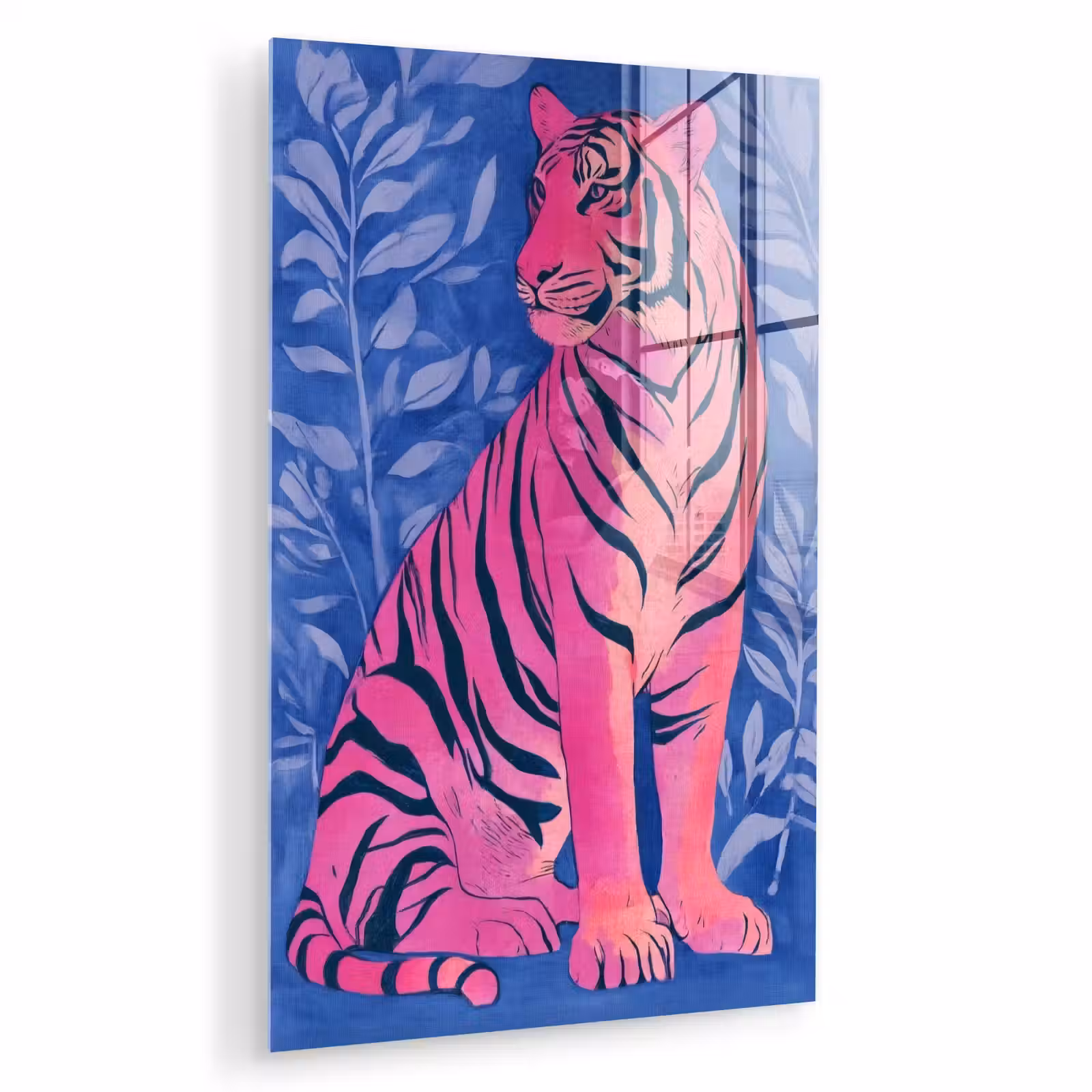 Glas schilderij - Tijger - Roze - Bladeren - Jungle — 1