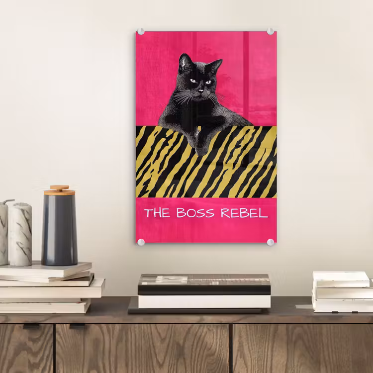 Glas schilderij - Kat - Baas - Roze - Tijgerprint — 2