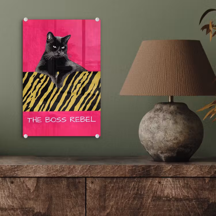 Glas schilderij - Kat - Baas - Roze - Tijgerprint — 4