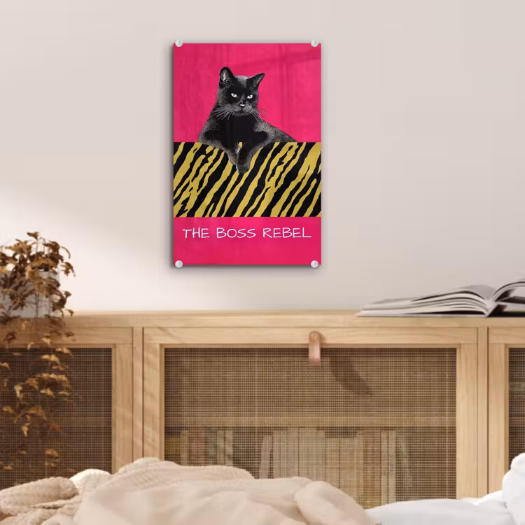 Glas schilderij - Kat - Baas - Roze - Tijgerprint — 5