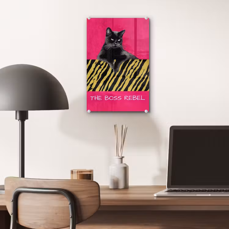 Glas schilderij - Kat - Baas - Roze - Tijgerprint — 7