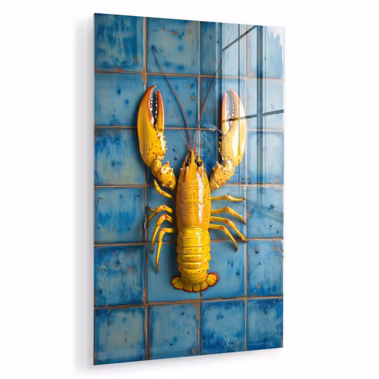Glas schilderij - Kreeft - Geel - Blauw - Tegels — 1