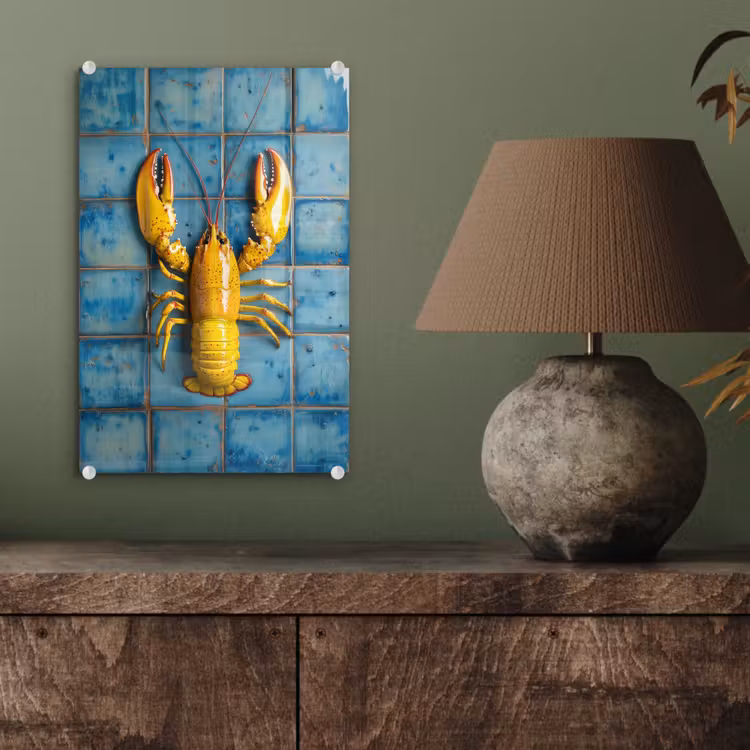 Glas schilderij - Kreeft - Geel - Blauw - Tegels — 4