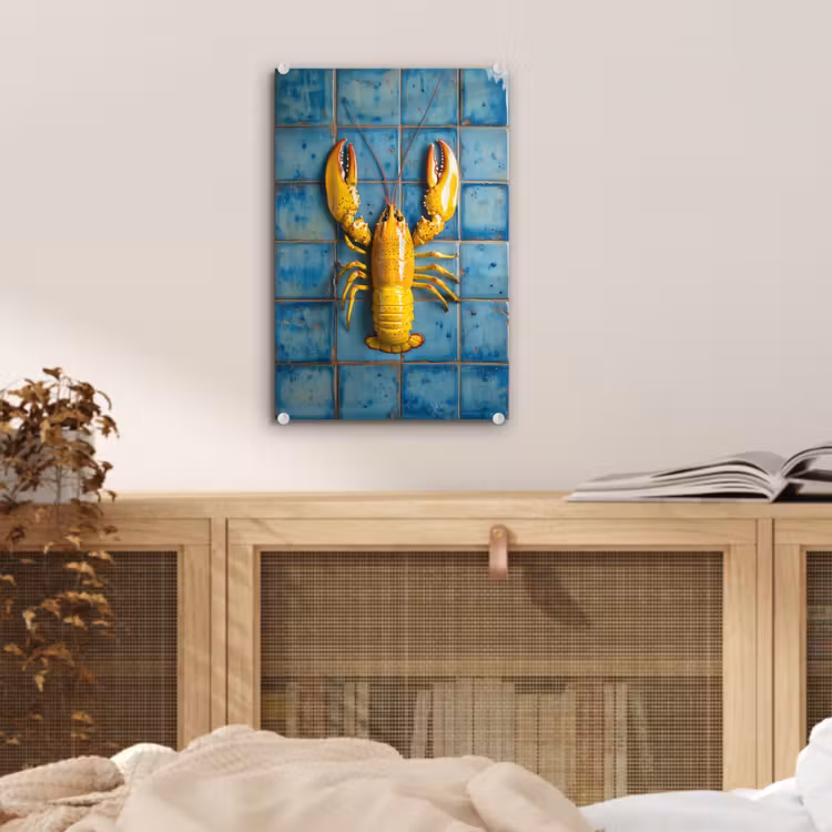Glas schilderij - Kreeft - Geel - Blauw - Tegels — 5
