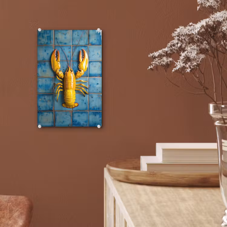 Glas schilderij - Kreeft - Geel - Blauw - Tegels — 6