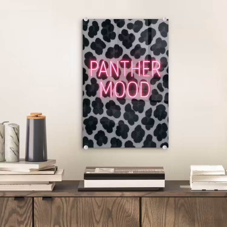 Glas schilderij - Panterprint - Zwart - Neonletters - Roze — 2
