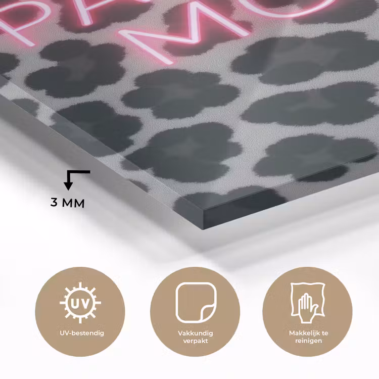 Glas schilderij - Panterprint - Zwart - Neonletters - Roze — 3