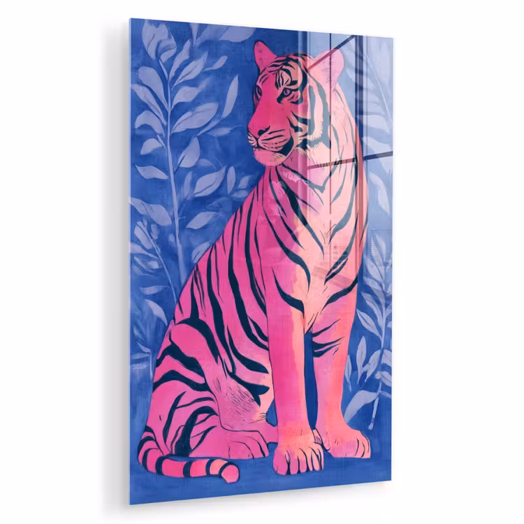 Glas schilderij - Tijger - Roze - Bladeren - Jungle — 1