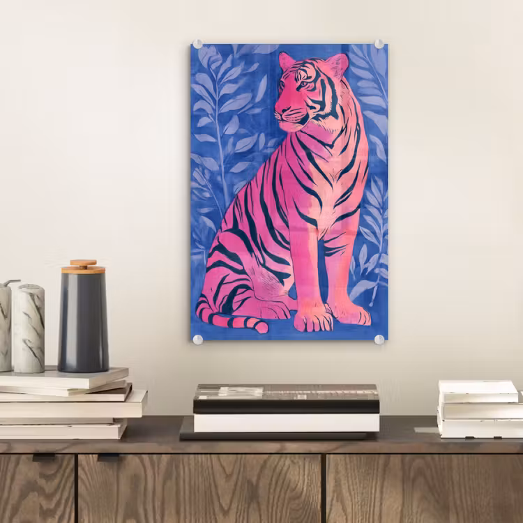 Glas schilderij - Tijger - Roze - Bladeren - Jungle — 2