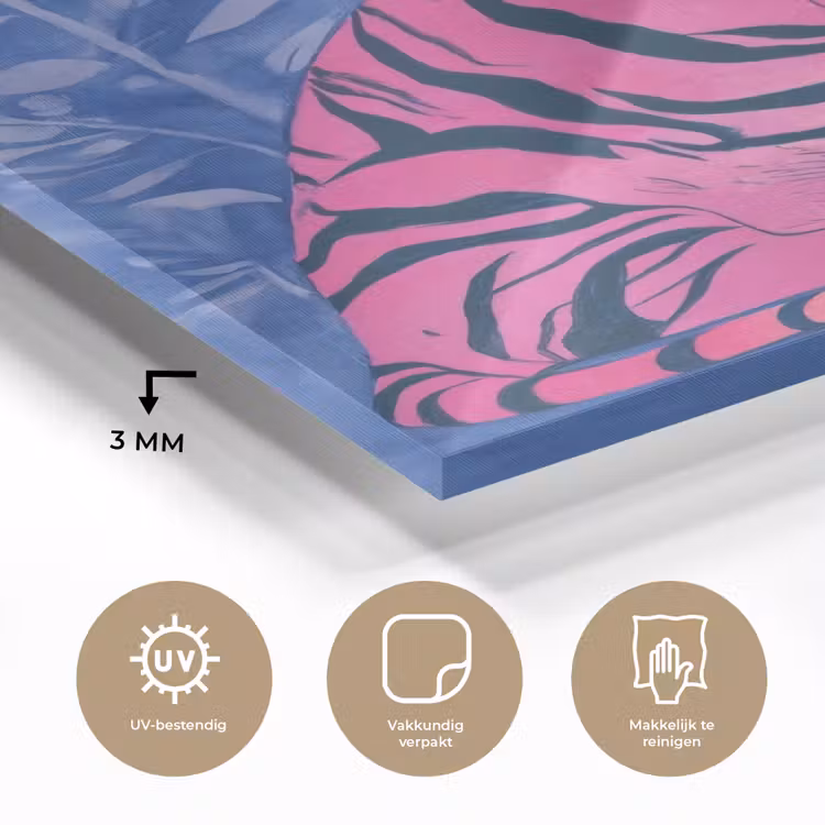 Glas schilderij - Tijger - Roze - Bladeren - Jungle — 3
