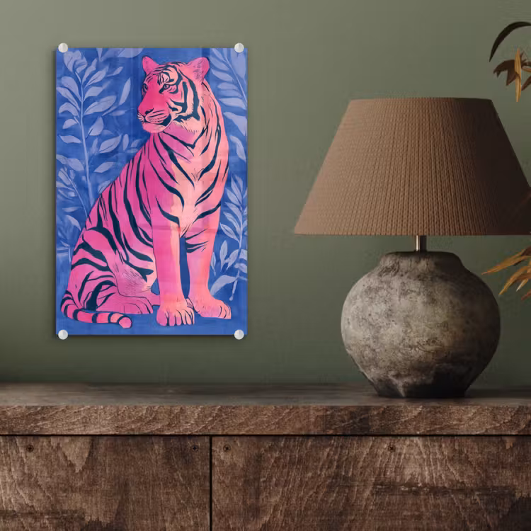 Glas schilderij - Tijger - Roze - Bladeren - Jungle — 4