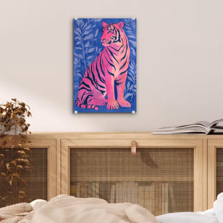 Glas schilderij - Tijger - Roze - Bladeren - Jungle — 5