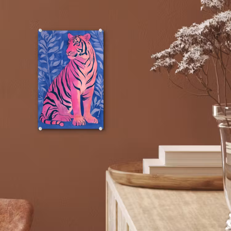 Glas schilderij - Tijger - Roze - Bladeren - Jungle — 6