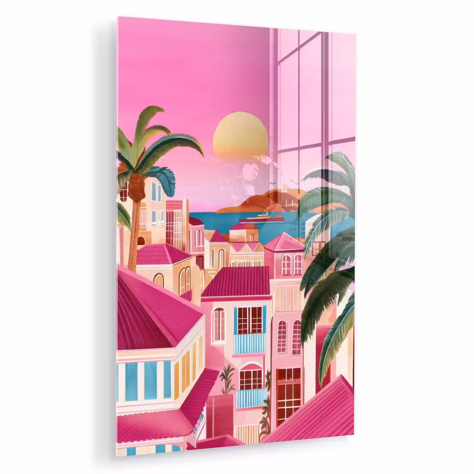 Glas schilderij - Stad - Roze - Palmbomen — 1