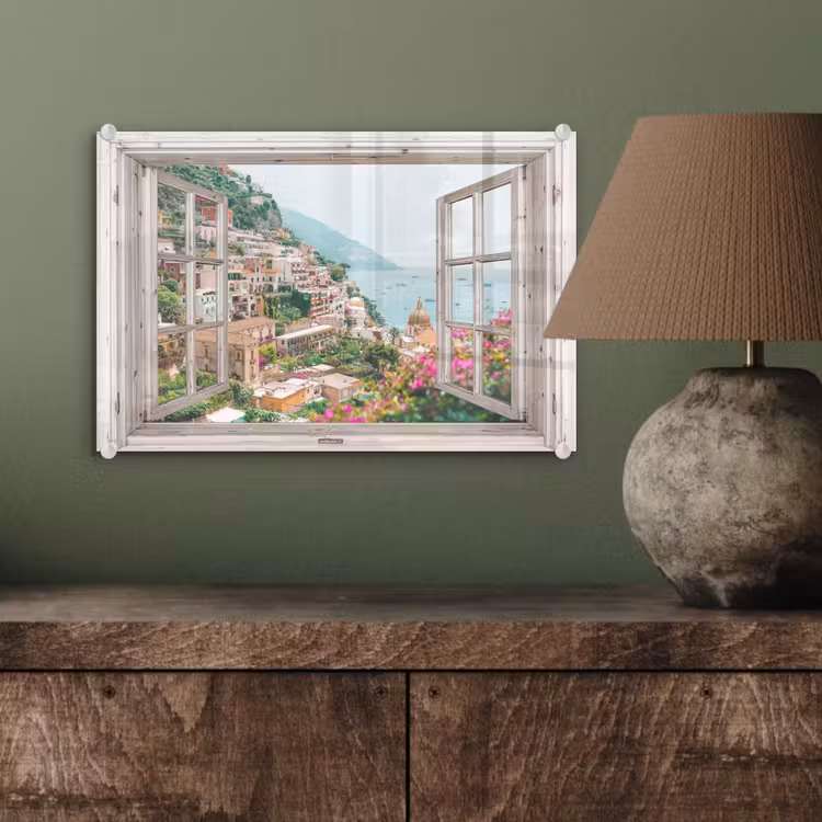 Glas schilderij - Doorkijk - Italië - Bloemen - Zee - Kust - Stad - Bergen — 4