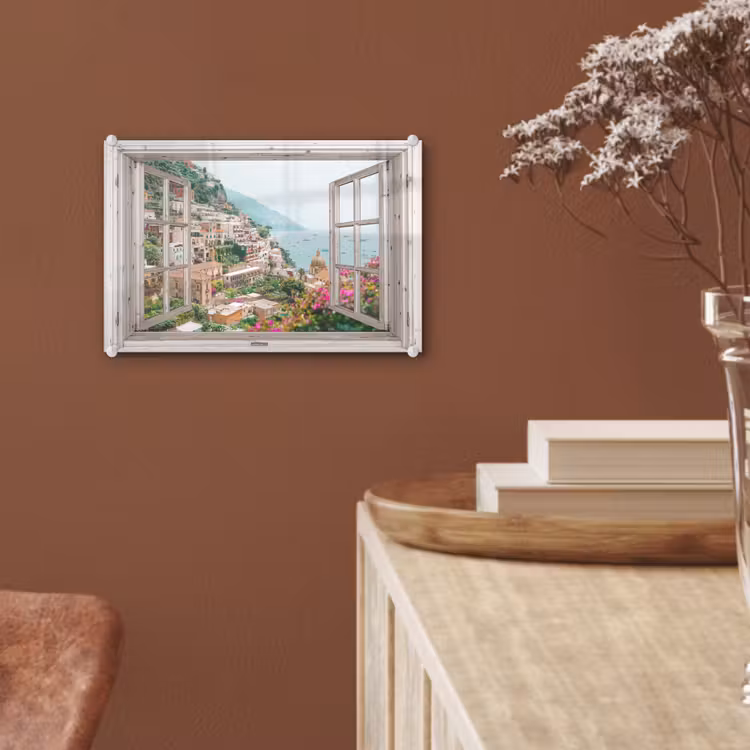 Glas schilderij - Doorkijk - Italië - Bloemen - Zee - Kust - Stad - Bergen — 6