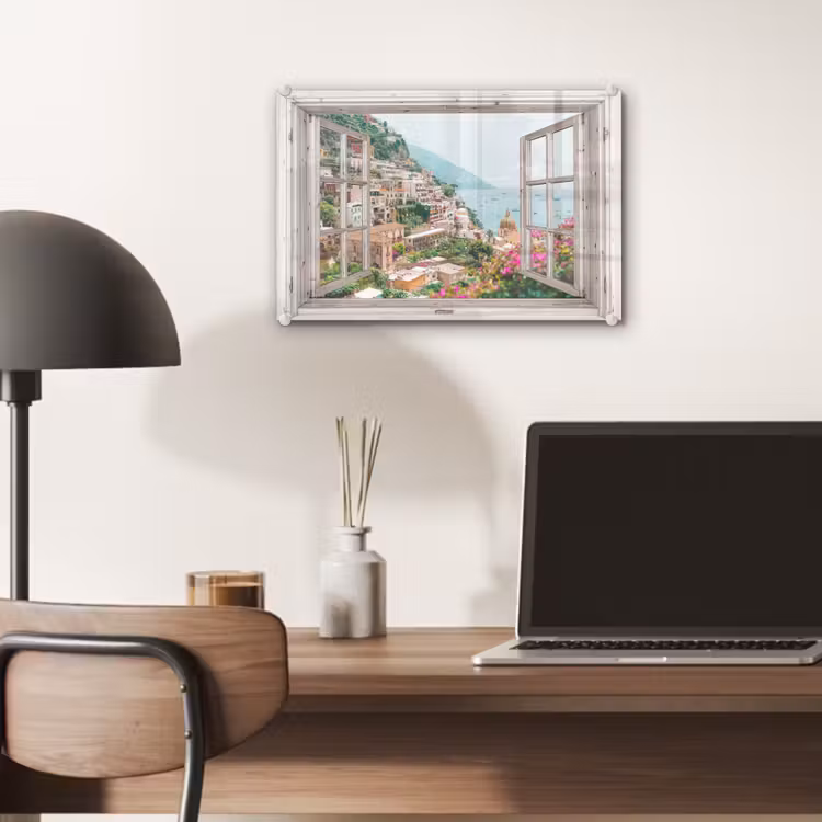 Glas schilderij - Doorkijk - Italië - Bloemen - Zee - Kust - Stad - Bergen — 7