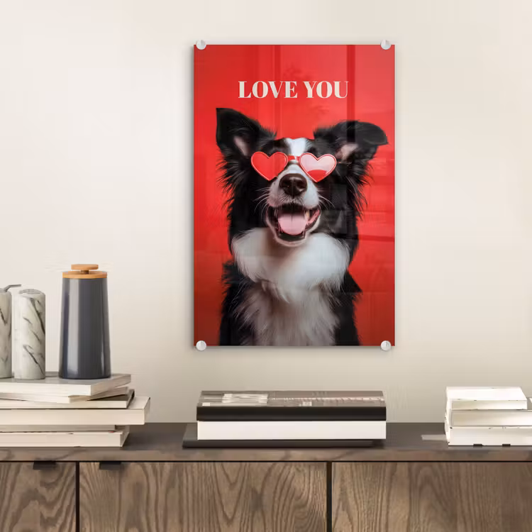 Glas schilderij - Hond - Hartjesbril - Loveyou - Rood — 2