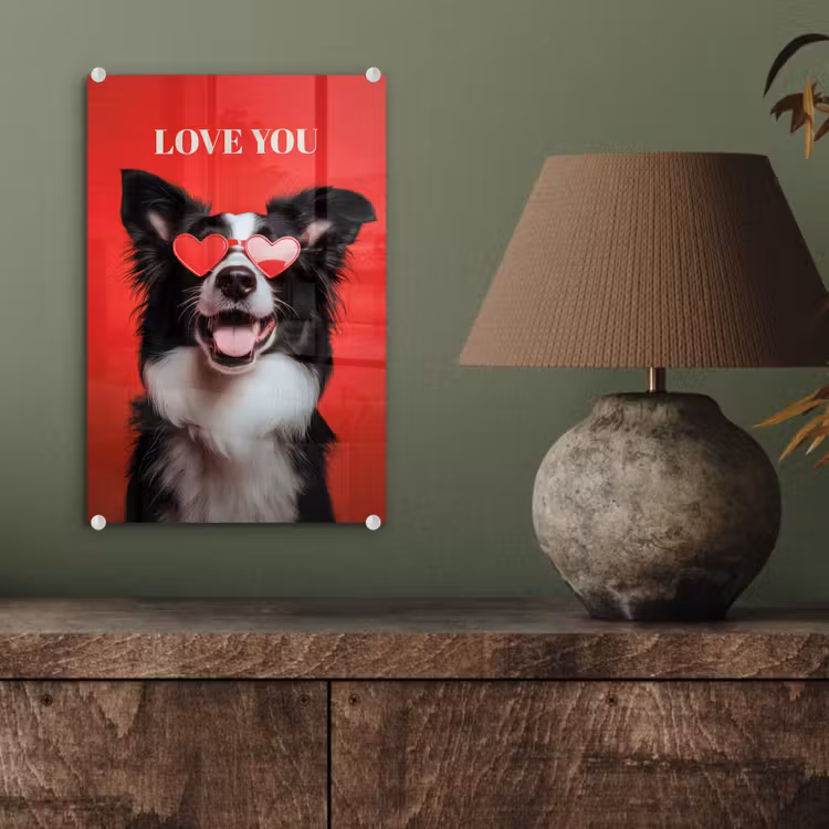 Glas schilderij - Hond - Hartjesbril - Loveyou - Rood — 4