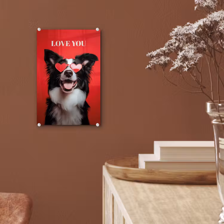 Glas schilderij - Hond - Hartjesbril - Loveyou - Rood — 6
