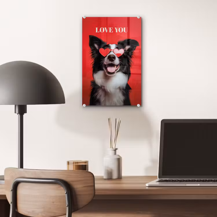 Glas schilderij - Hond - Hartjesbril - Loveyou - Rood — 7