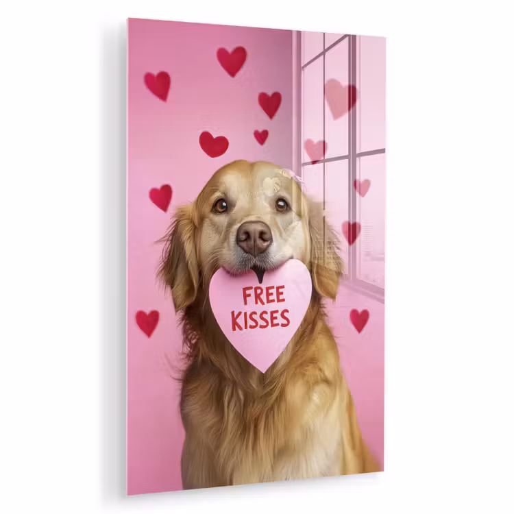 Glas schilderij - Hond - Kiss- Valentijn - Hartjes — 1