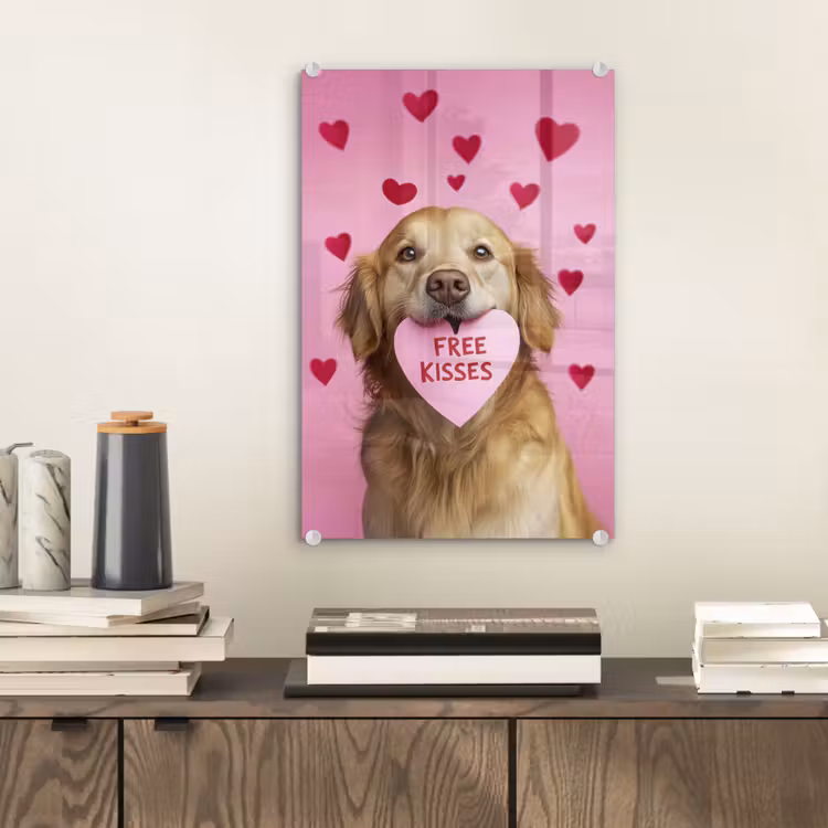 Glas schilderij - Hond - Kiss- Valentijn - Hartjes — 2