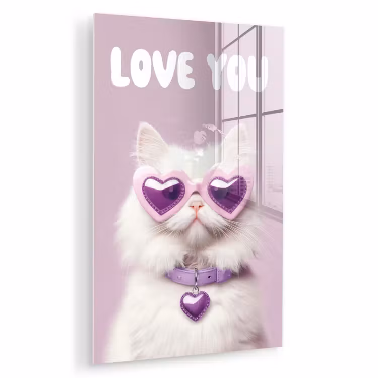 Glas schilderij - Kat - Love - Paars - Valentijn — 1