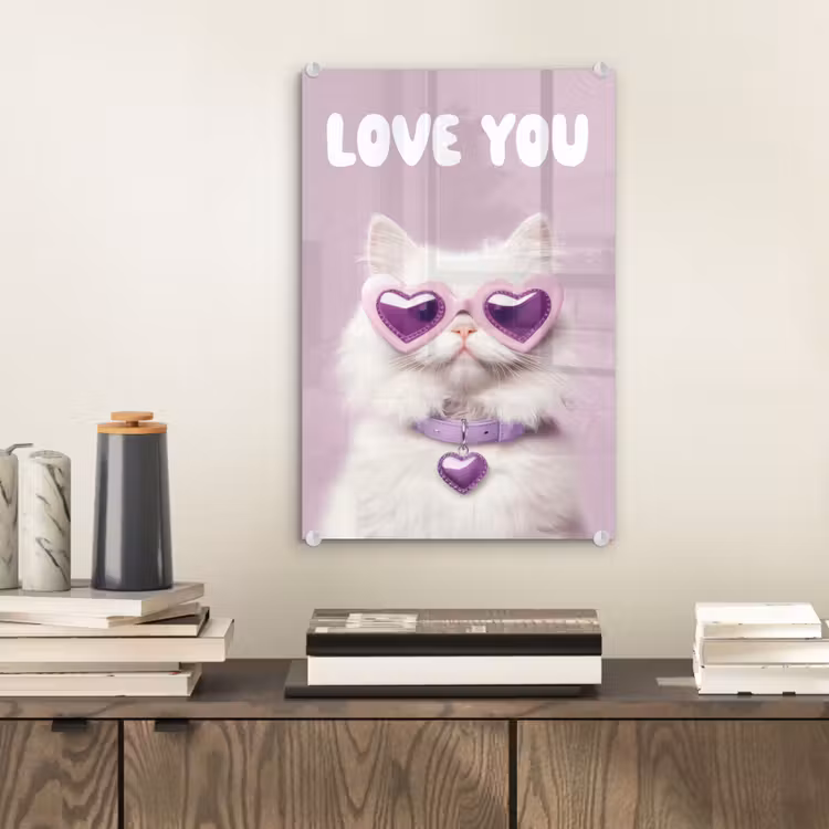 Glas schilderij - Kat - Love - Paars - Valentijn — 2