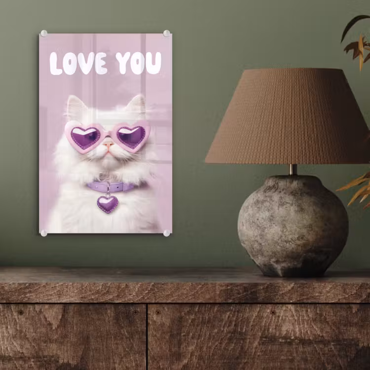 Glas schilderij - Kat - Love - Paars - Valentijn — 4