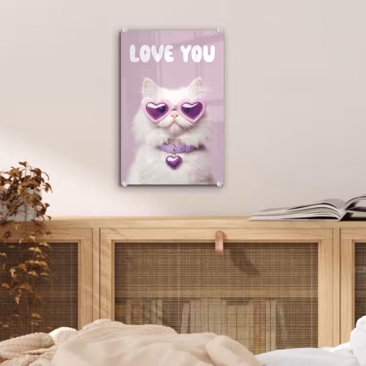 Glas schilderij - Kat - Love - Paars - Valentijn — 5
