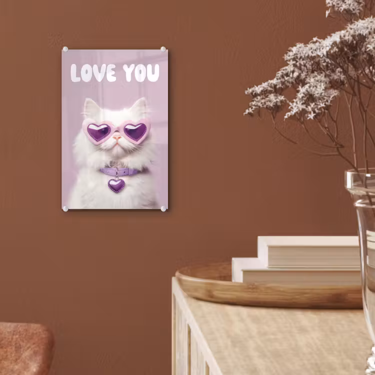 Glas schilderij - Kat - Love - Paars - Valentijn — 6