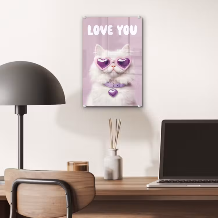 Glas schilderij - Kat - Love - Paars - Valentijn — 7