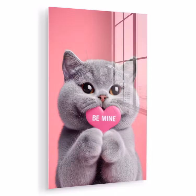 Glas schilderij - Kat - Valentijn - Roze - Liefde — 1