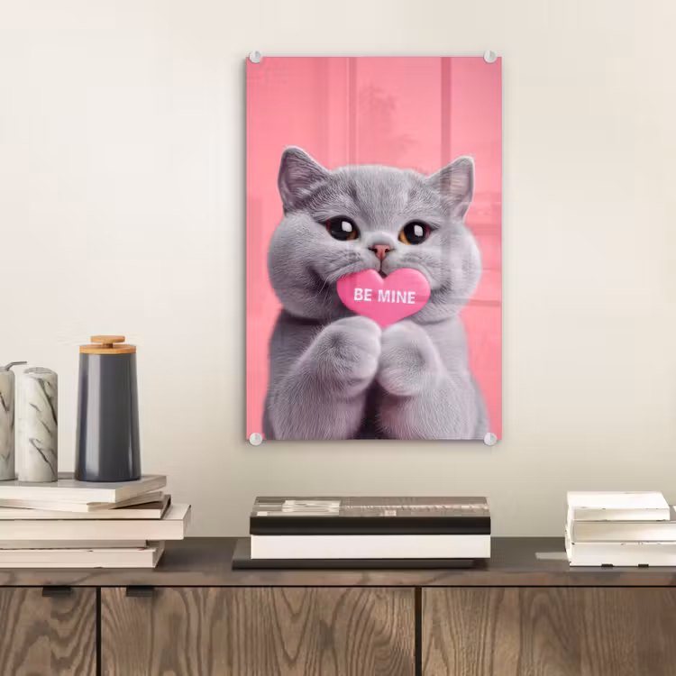 Glas schilderij - Kat - Valentijn - Roze - Liefde — 2