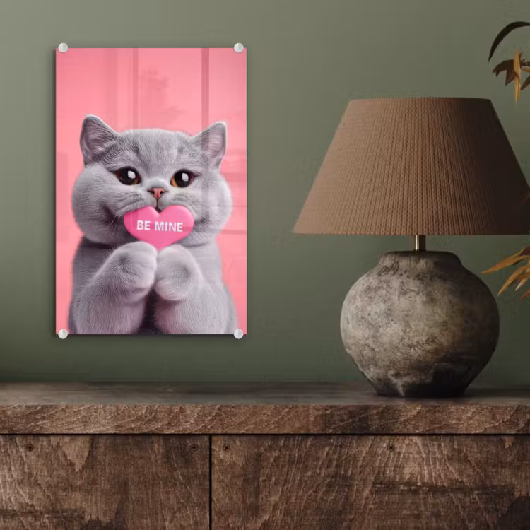 Glas schilderij - Kat - Valentijn - Roze - Liefde — 4