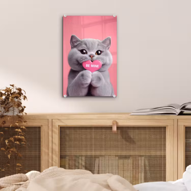 Glas schilderij - Kat - Valentijn - Roze - Liefde — 5