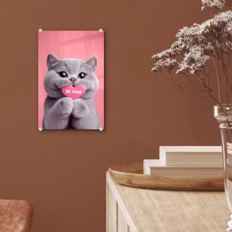 Glas schilderij - Kat - Valentijn - Roze - Liefde — 6