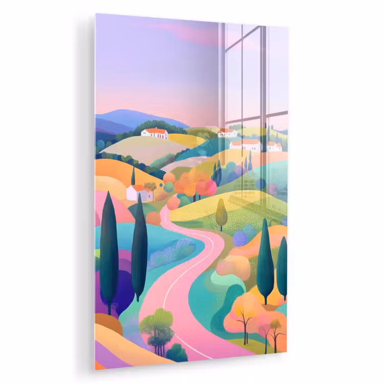 Glas schilderij - Landschap - Paars - Pastel - Huizen — 1