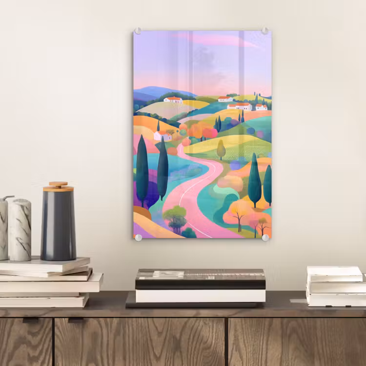 Glas schilderij - Landschap - Paars - Pastel - Huizen — 2