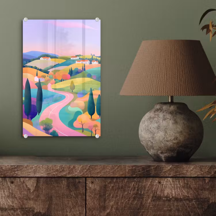 Glas schilderij - Landschap - Paars - Pastel - Huizen — 4