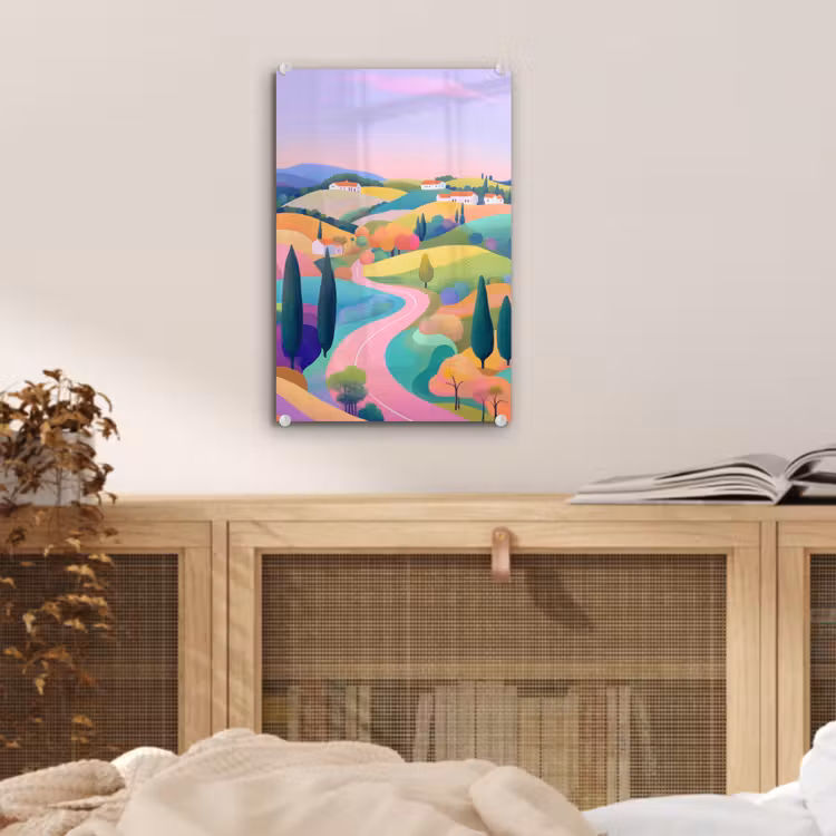 Glas schilderij - Landschap - Paars - Pastel - Huizen — 5