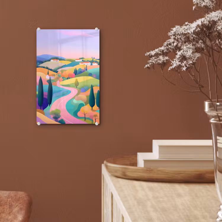 Glas schilderij - Landschap - Paars - Pastel - Huizen — 6