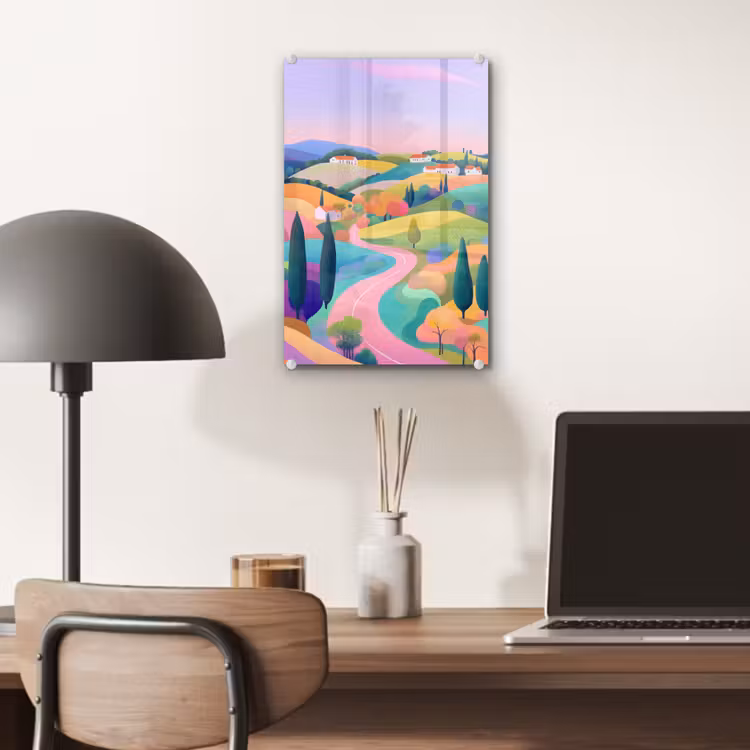 Glas schilderij - Landschap - Paars - Pastel - Huizen — 7