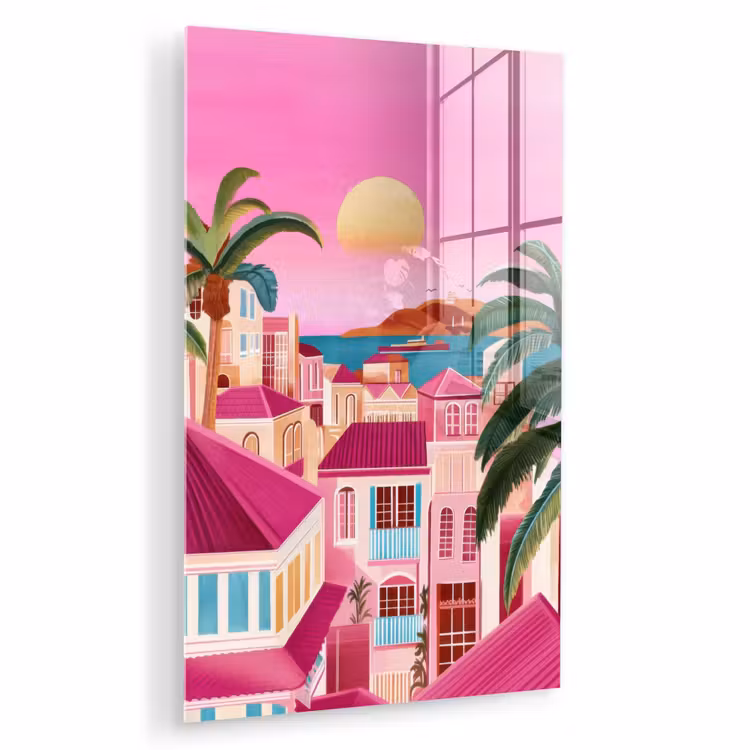 Glas schilderij - Stad - Roze - Palmbomen — 1