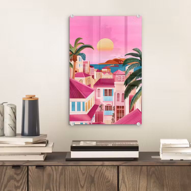 Glas schilderij - Stad - Roze - Palmbomen — 2