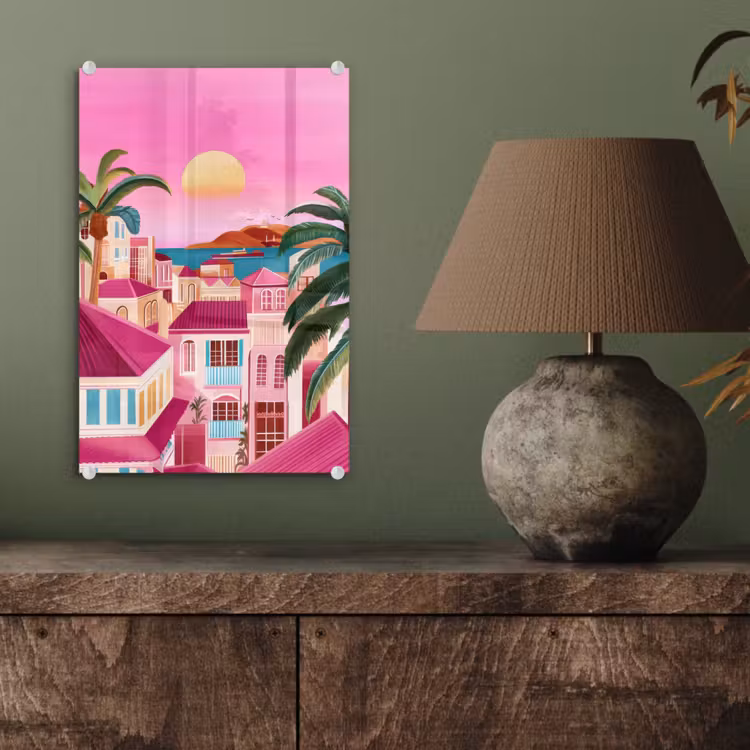 Glas schilderij - Stad - Roze - Palmbomen — 4