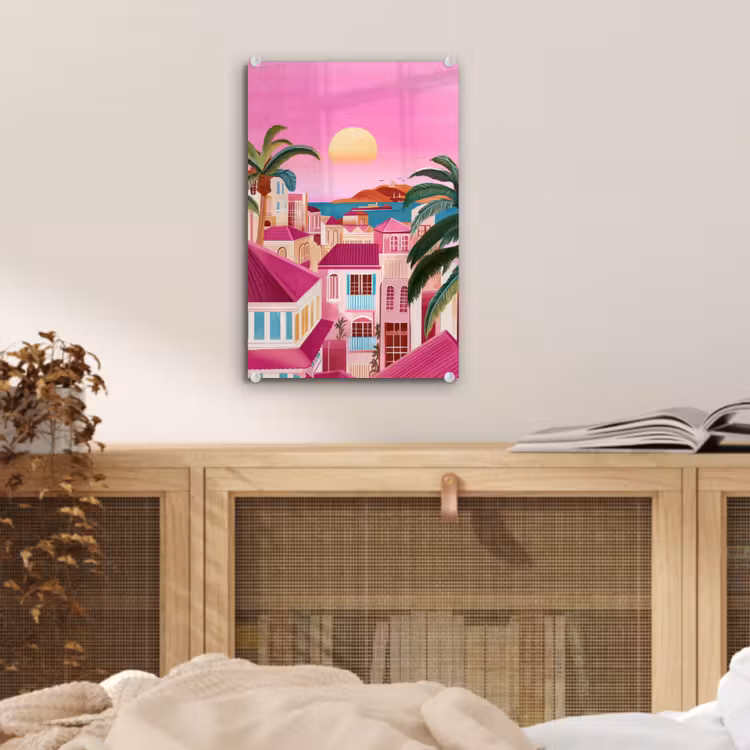 Glas schilderij - Stad - Roze - Palmbomen — 5