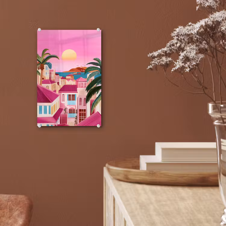 Glas schilderij - Stad - Roze - Palmbomen — 6