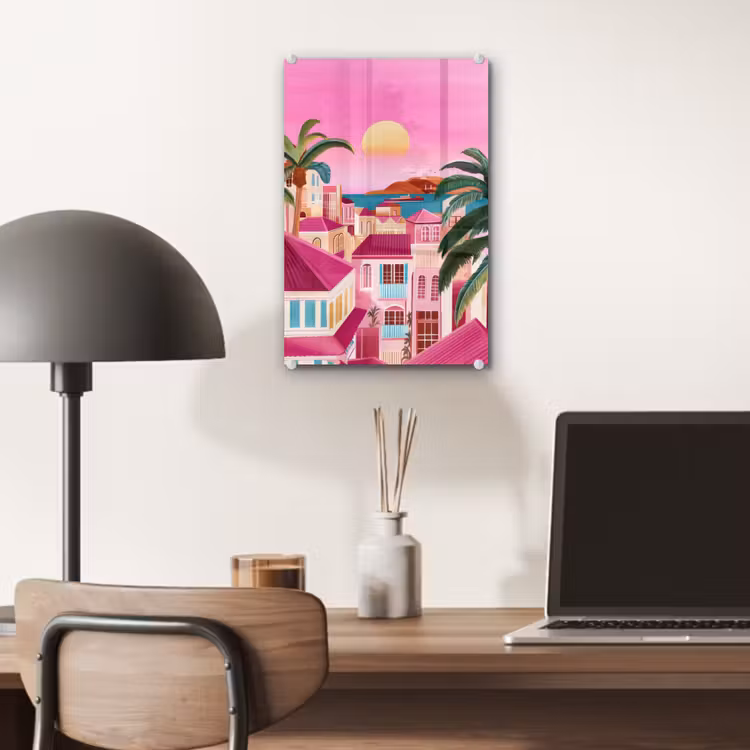 Glas schilderij - Stad - Roze - Palmbomen — 7